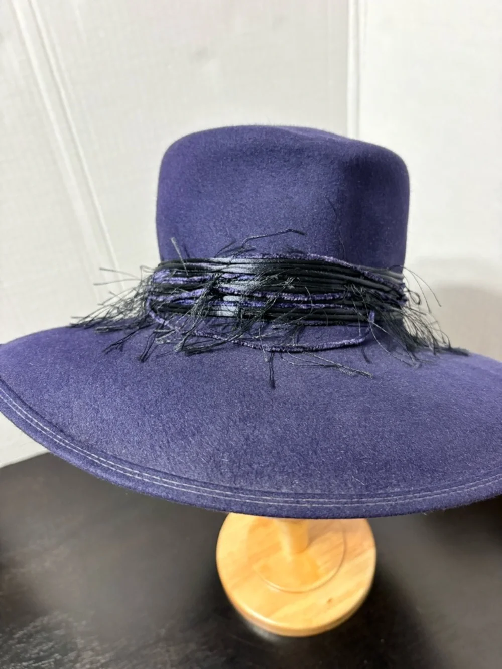 Patricia Underwood Navy Wide-Brim Wool Fedora Hat with Black Decorative Band